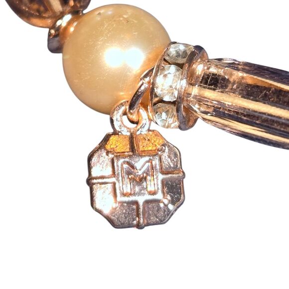 Monet Pearl Tower Faux Pearl, Rhinestone & Pink Glass Beaded Elastic Bracelet OS - Picture 3 of 8